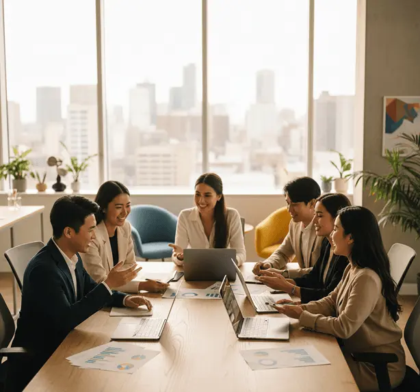 Rocket Records team members collaborating in the office