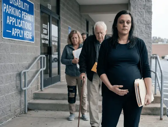 Expectant mother dealing with paperwork before a DMV visit