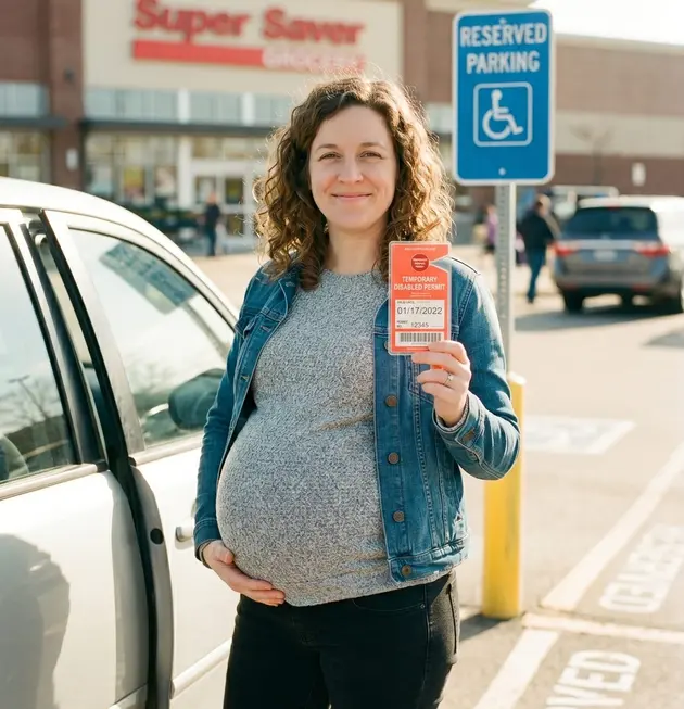 Expectant mother sitting in her car with a handicap parking permit on the mirror