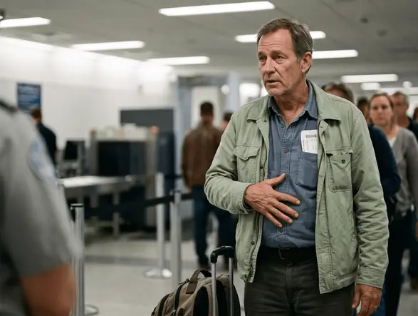 Person reviewing paperwork, stressed about airport security screening