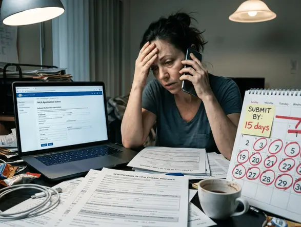 Stressed employee reviewing FMLA paperwork before an HR deadline