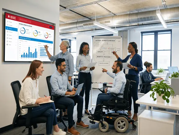 Diverse team collaborating around a table