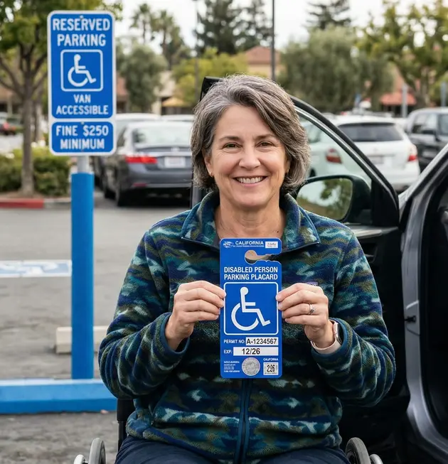Person in a wheelchair beside their car in an accessible parking space