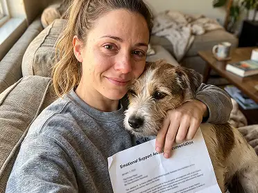 Jessica R. from California holding her ESA letter with her dog
