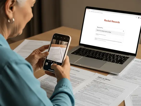 Woman photographing her paper medical records with a phone to upload them to Rocket Records