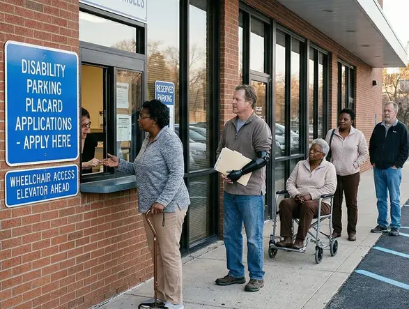 Frustrated man waiting in line at the DMV with paperwork